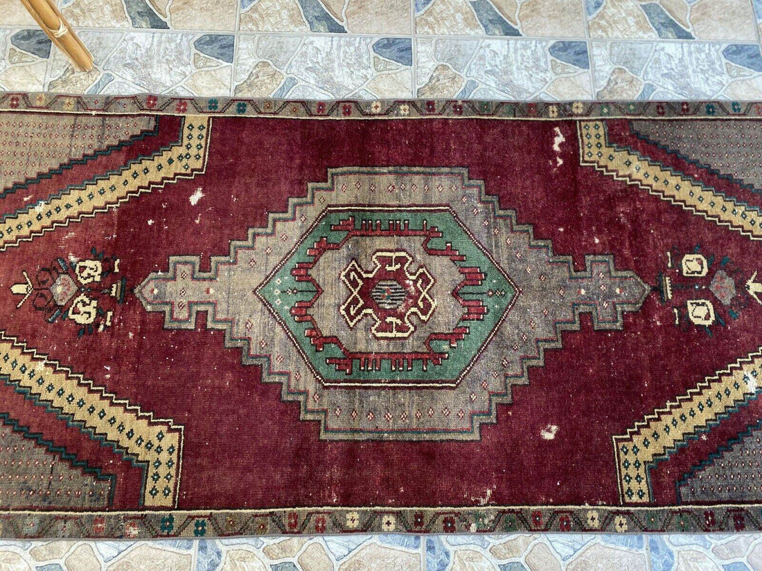 Vintage Turkish Rug | Burgundy Handmade Wool Geometric Antique Anatolian 3.2x7.7