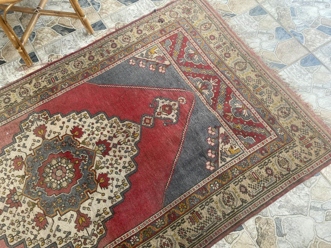 Vintage Turkish Rug | Tribal Hand-Knotted Wool Farmhouse Antique Carpet 4.16 x 7.93 ft