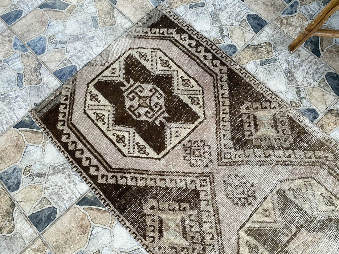 Vintage Handmade Turkish Runner Rug, 2.6x8.5 ft Brown Tribal Wool Hallway Carpet