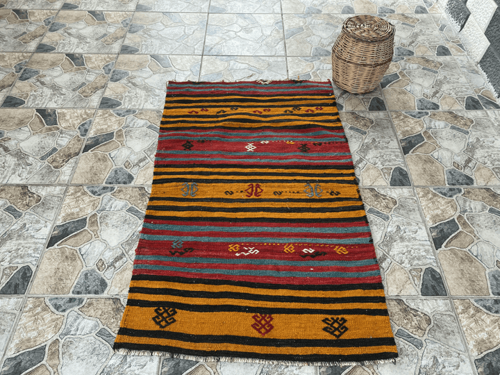 Vintage Turkish Kilim Rug | Handmade Tribal Wool Rug | Small 2x4 ft | Farmhouse