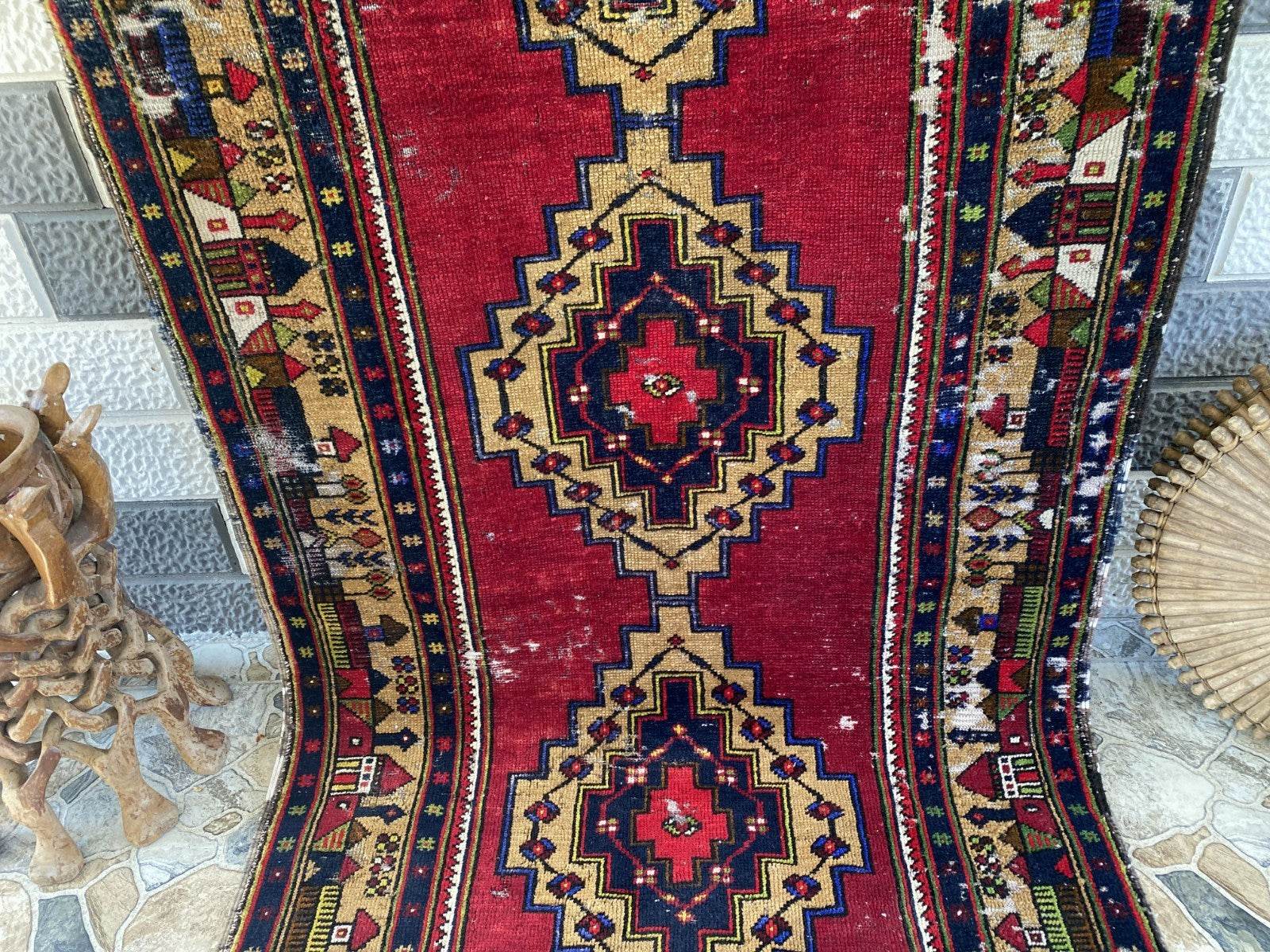 Vintage Turkish Tribal Rug | 3 x 9 ft Farmhouse Hand-Knotted Wool Geometric Rug