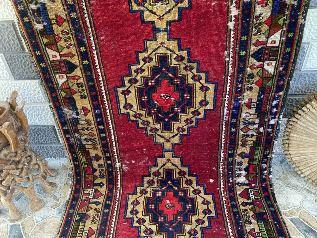 Vintage Turkish Tribal Rug | 3 x 9 ft Farmhouse Hand-Knotted Wool Geometric Rug