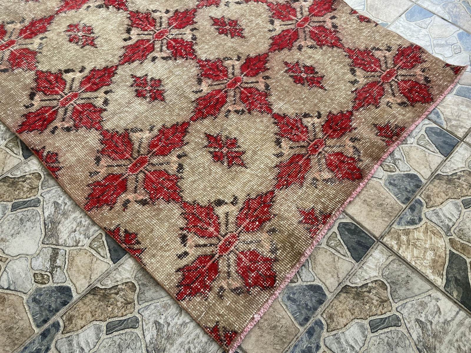 Vintage Turkish Area Rug 4x7 ft | Hand-Knotted Wool Carpet Bold Geometric Tribal