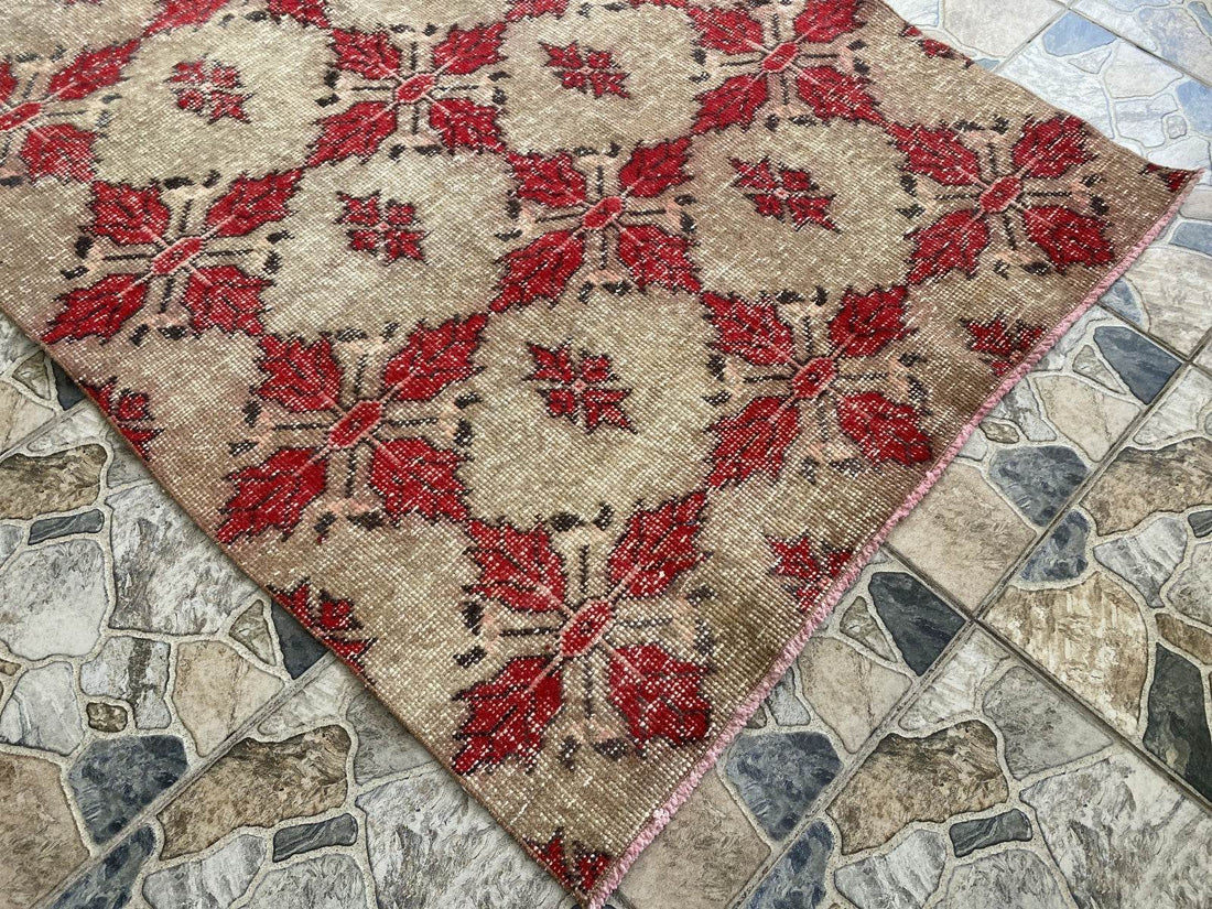 Vintage Turkish Area Rug 4x7 ft | Hand-Knotted Wool Carpet Bold Geometric Tribal