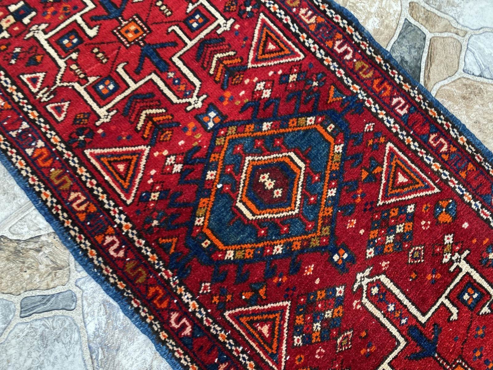 Vintage Persian Style Runner Rug | 1.8 x 6.6 ft Hand-Knotted Wool | Red & Blue Tribal