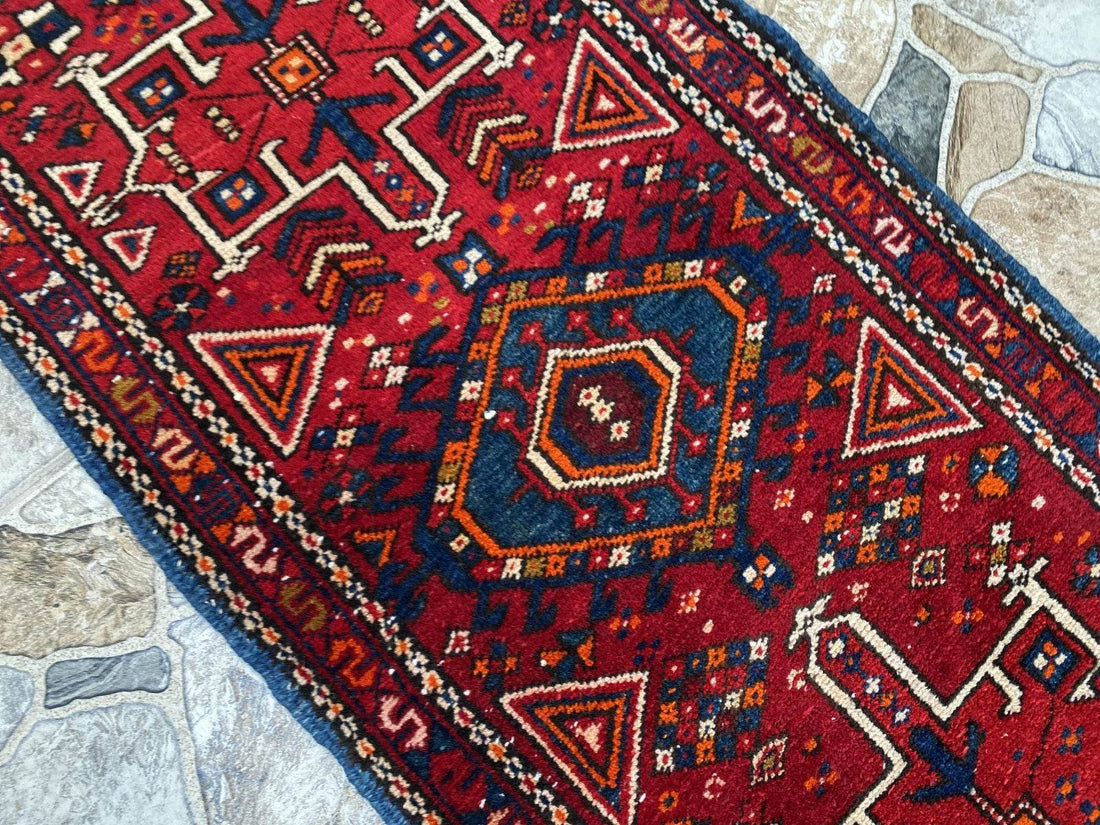 Vintage Persian Style Runner Rug | 1.8 x 6.6 ft Hand-Knotted Wool | Red & Blue Tribal