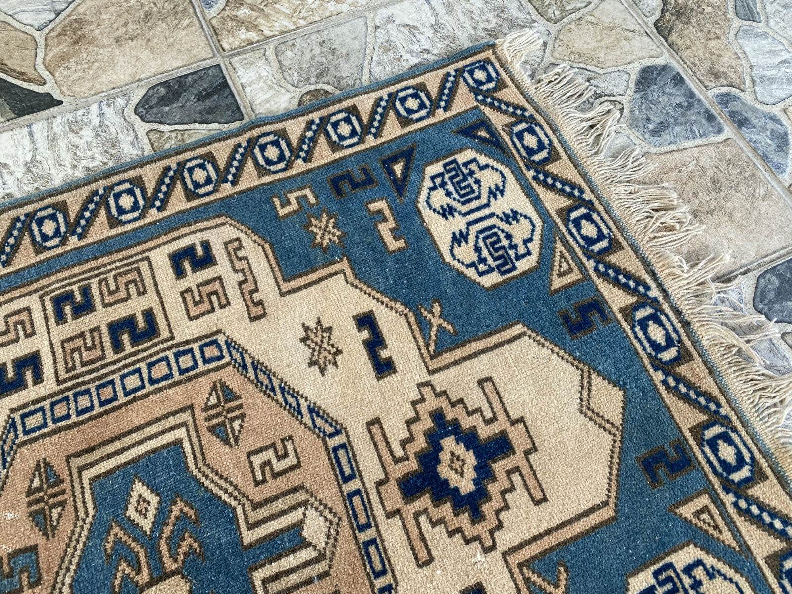 Vintage Turkish Wool Rug, Hand-Knotted Antique Geometric Oushak Small Runner 2x4