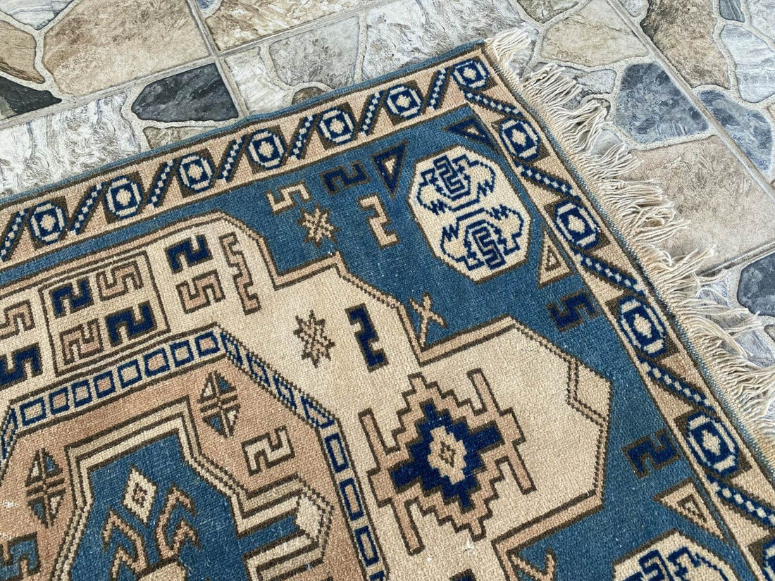 Vintage Turkish Wool Rug, Hand-Knotted Antique Geometric Oushak Small Runner 2x4