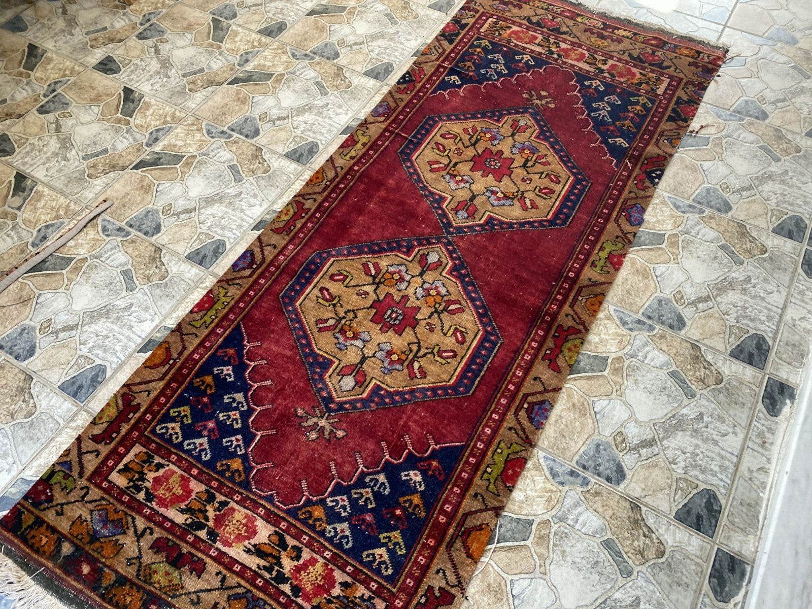 Vintage Anatolian Area Rug | 2.9x7.7 ft Handwoven Wool Antique Farmhouse Carpet