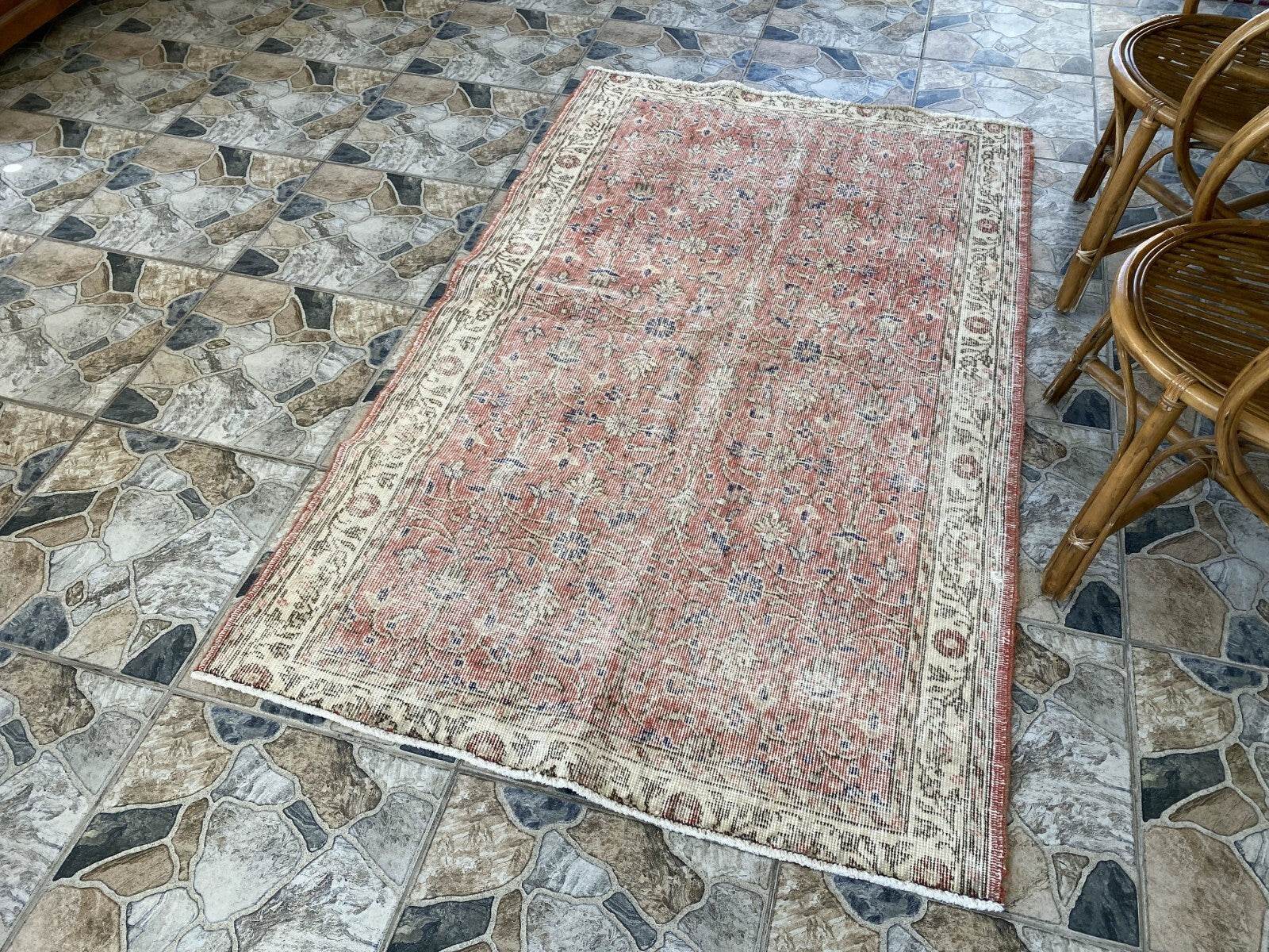 Geometric Turkish Vintage Rug,Farmhouse Handmade Anatolian Village Rug 3.8x6.2ft
