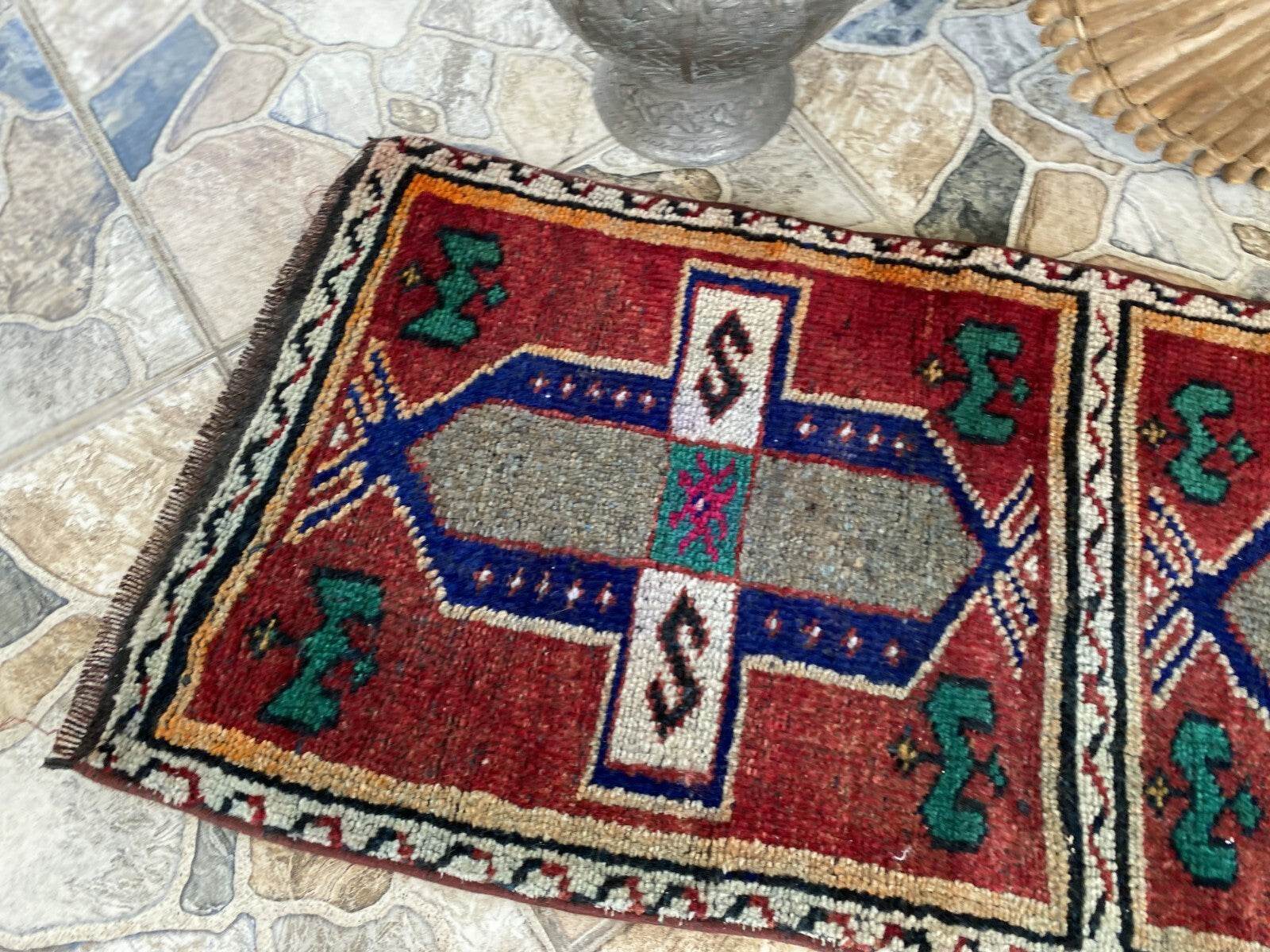 Vintage Turkish Tribal Rug | 1.6 x 3.4 ft | Handmade Wool Anatolian Small Carpet