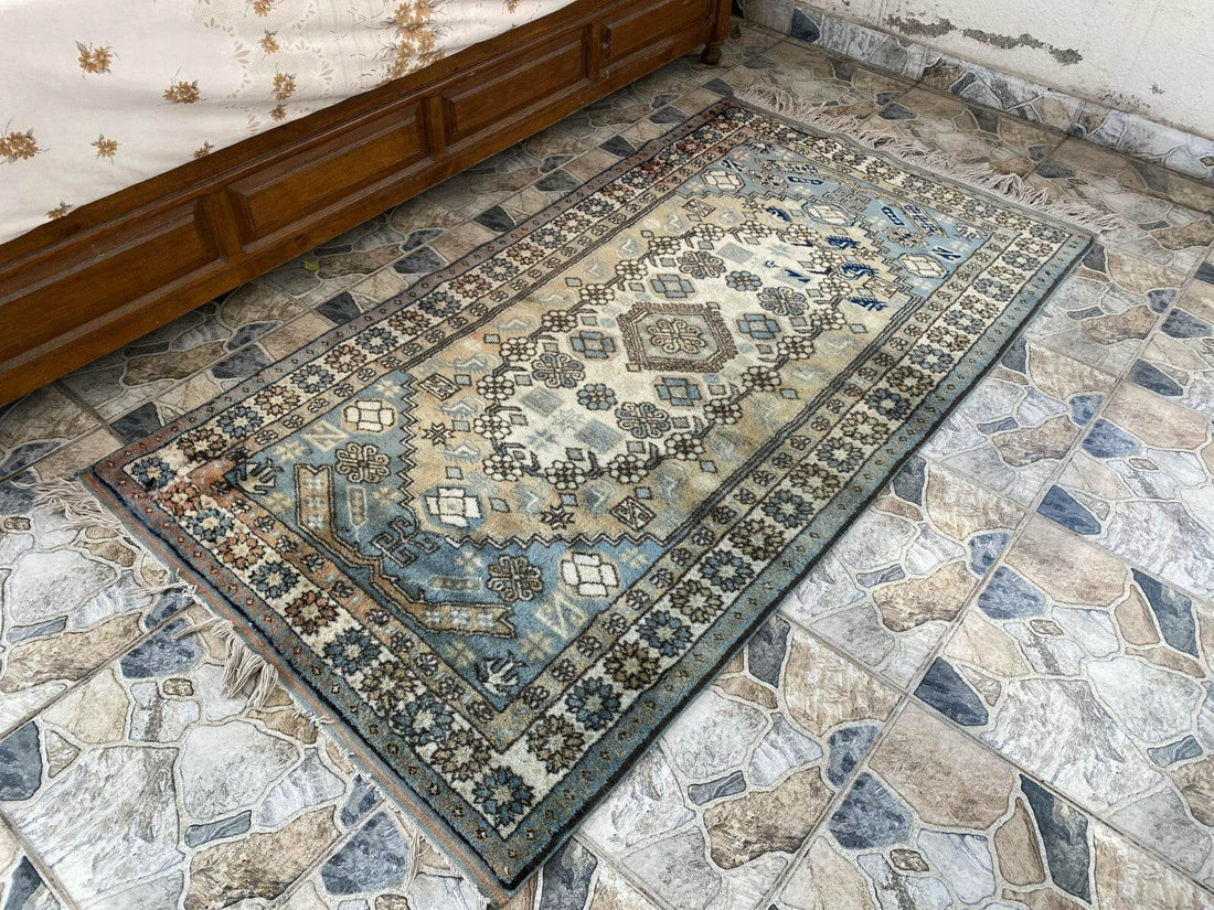 Vintage 1990s Turkish Oushak Rug | Geometric Handwoven Wool Carpet 3'5'' x 6'3''