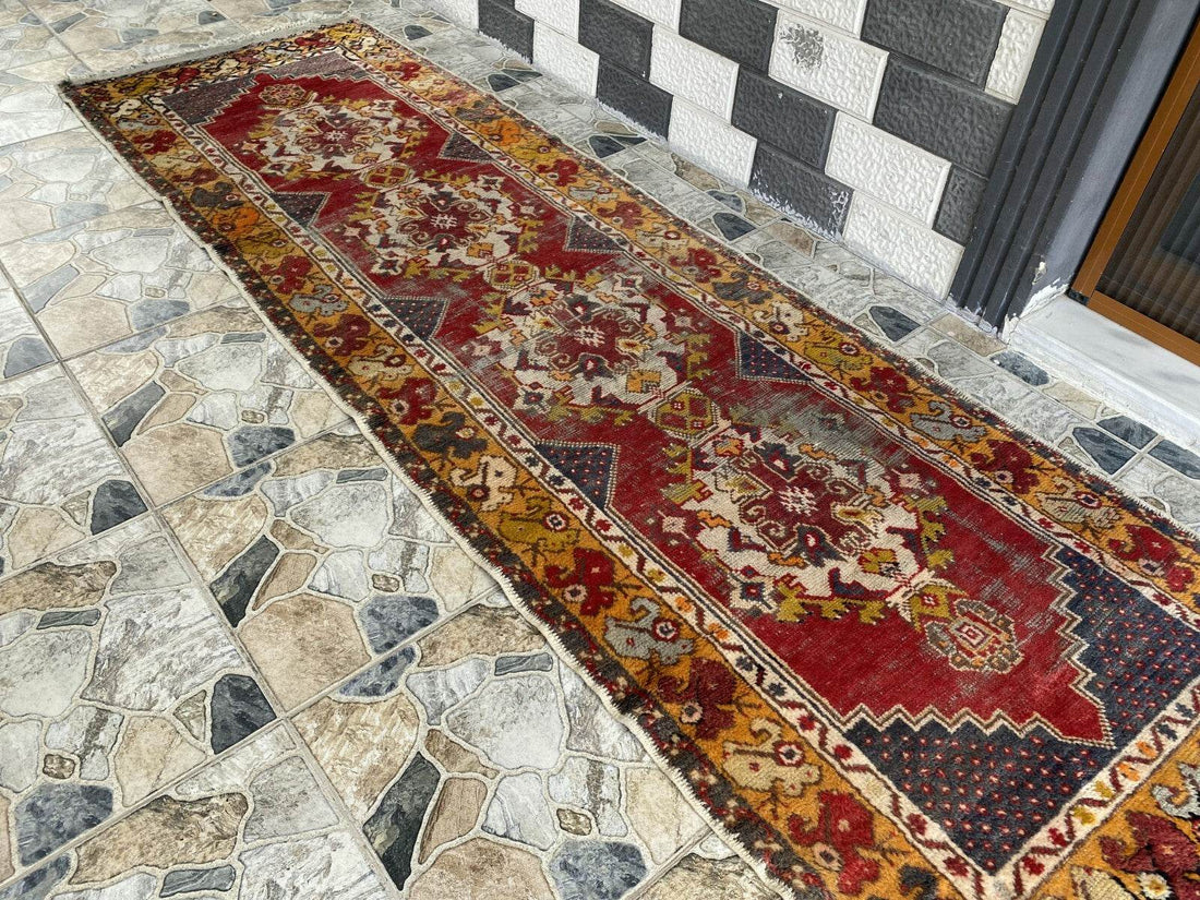 Vintage Turkish Wool Rug - Handmade Antique Red Oushak Kurdish Runner Rug 3x9 ft