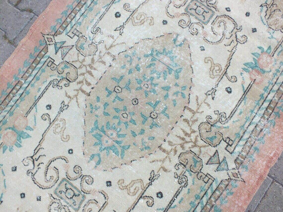 Vintage Oushak Farmhouse Rug, Turkish Anatolian Handknotted Wool Area 3.9x7.3 ft