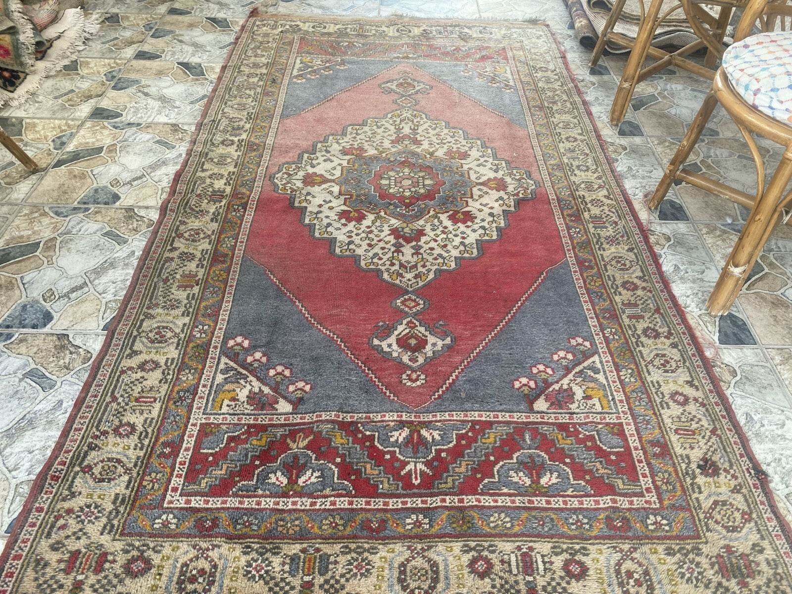 Vintage Turkish Rug | Tribal Hand-Knotted Wool Farmhouse Antique Carpet 4.16 x 7.93 ft