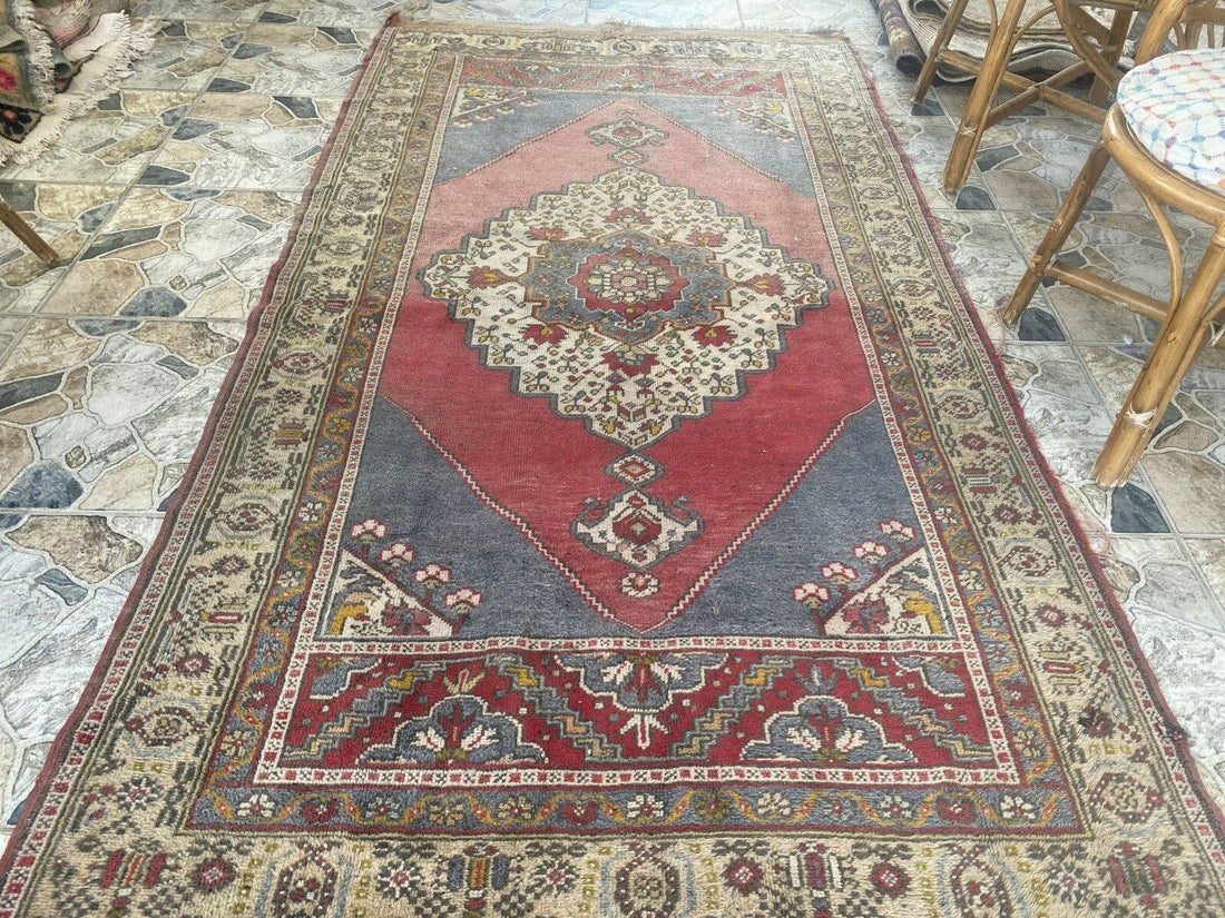 Vintage Turkish Rug | Tribal Hand-Knotted Wool Farmhouse Antique Carpet 4.16 x 7.93 ft