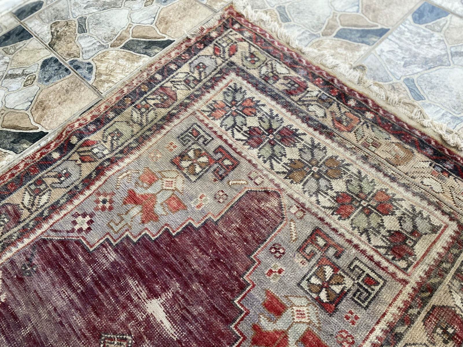 Turkish Vintage Rug Oushak Wool Geometric Handmade Antique Farmhouse 3.8x8 ft