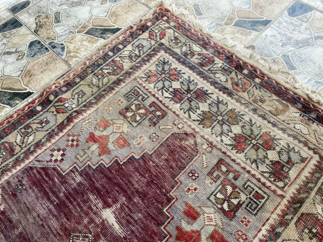 Turkish Vintage Rug Oushak Wool Geometric Handmade Antique Farmhouse 3.8x8 ft