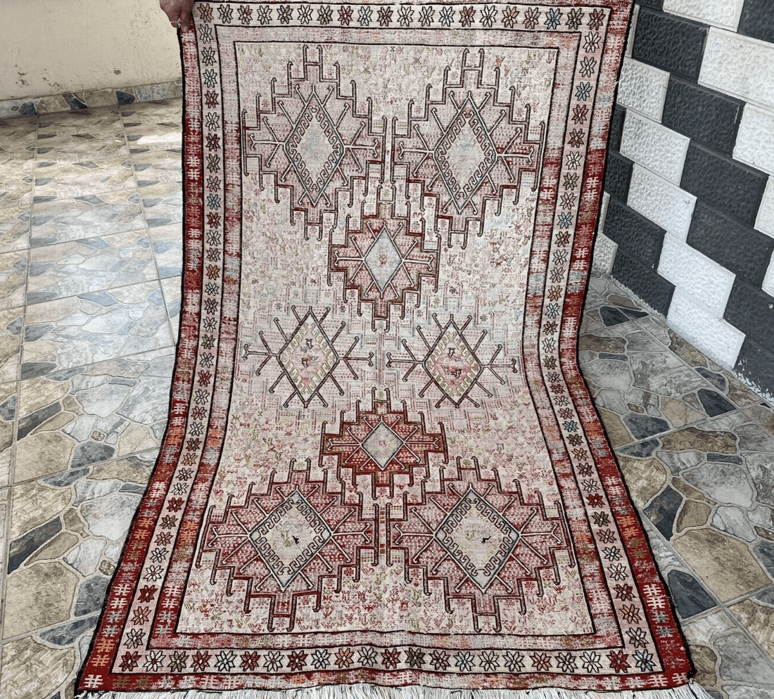 Vintage Persian Rug 3x6 ft, 1980s Wool Handmade Soumak Tribal Geometric Antique