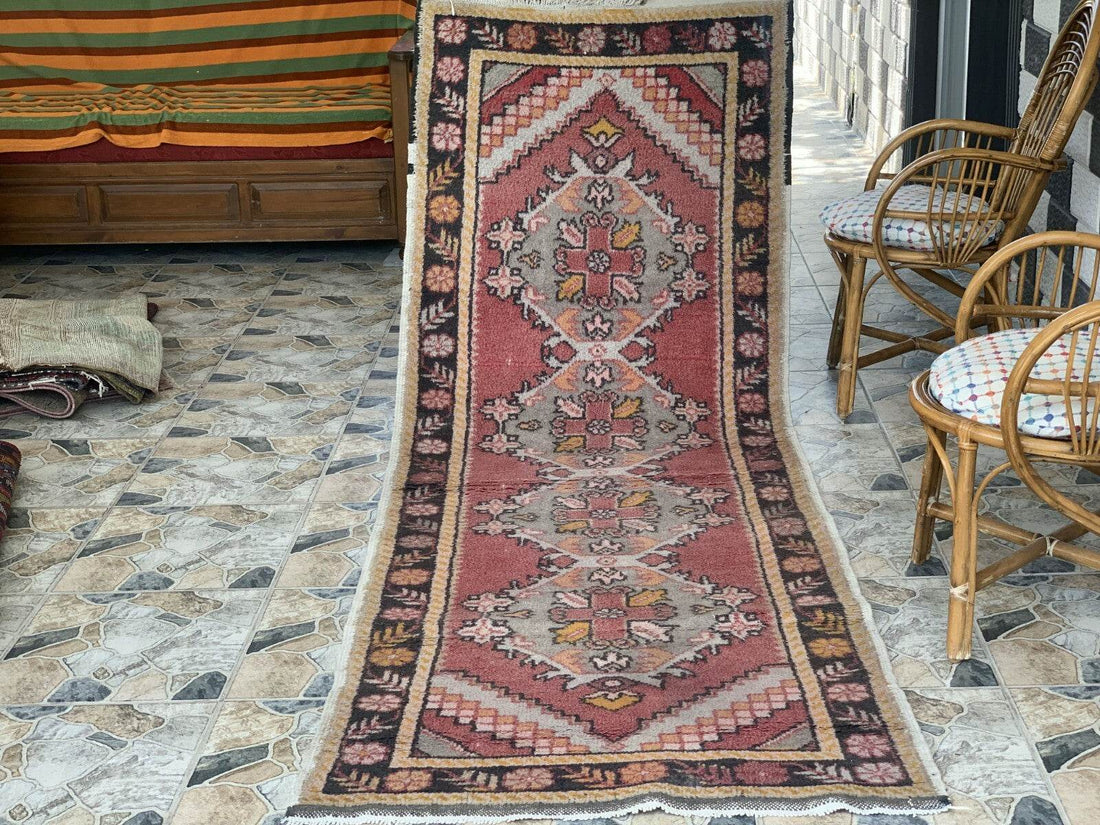 Vintage Turkish Rug | Tribal Handmade Wool Farmhouse Antique Carpet 3.2x 9.1 ft