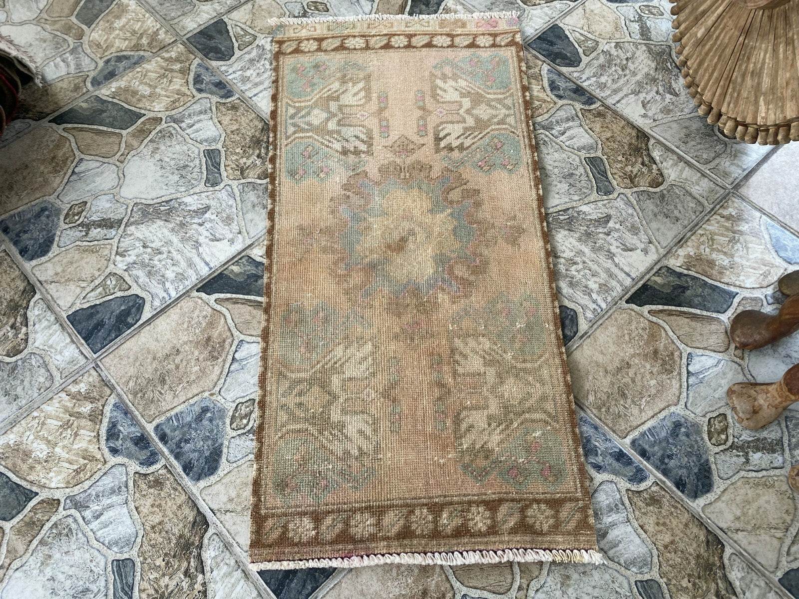 Distressed Vintage Turkish Rug Faded Pastel Wool Boho Accent Mat Runner 1x3 ft
