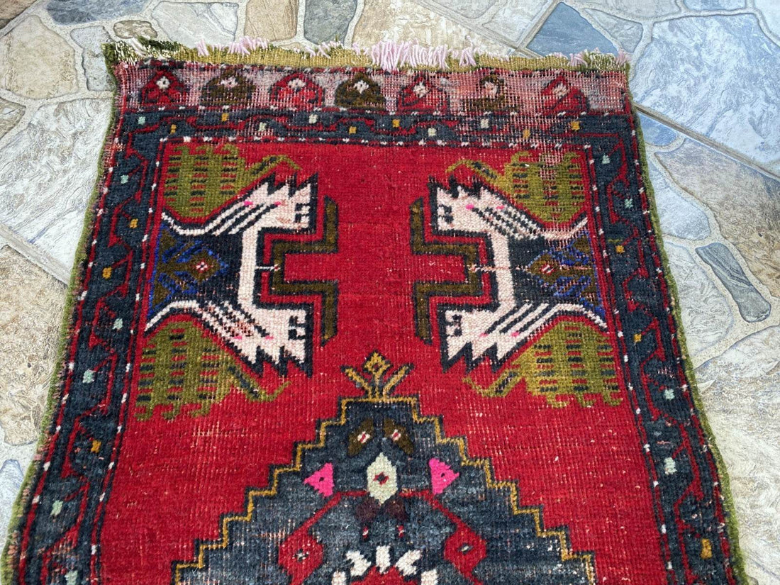 Vintage Turkish Wool Rug, Hand-Knotted Antique Geometric Oushak Small Runner 1x3