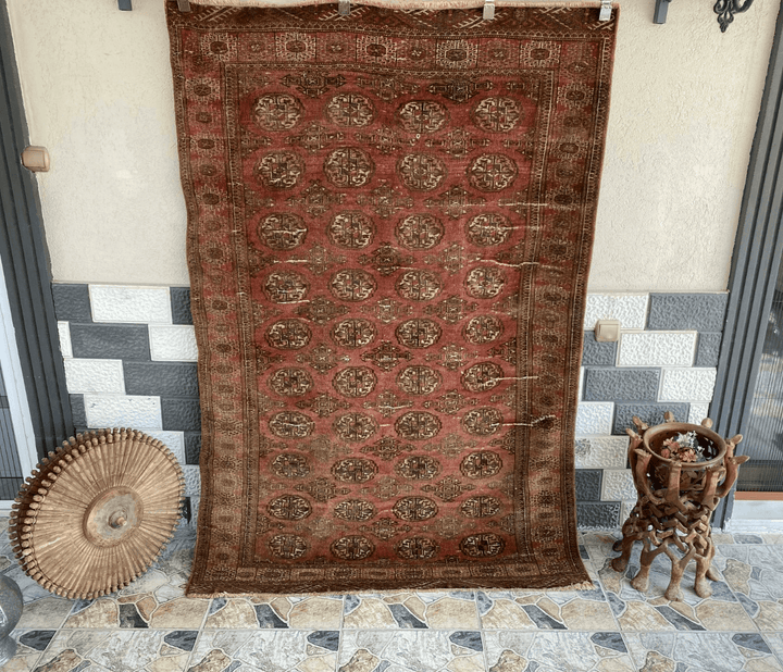 VINTAGE RUG HAND-KNOTTED Afghan Style BUKHARA handmade wool RED antique farmhouse rug