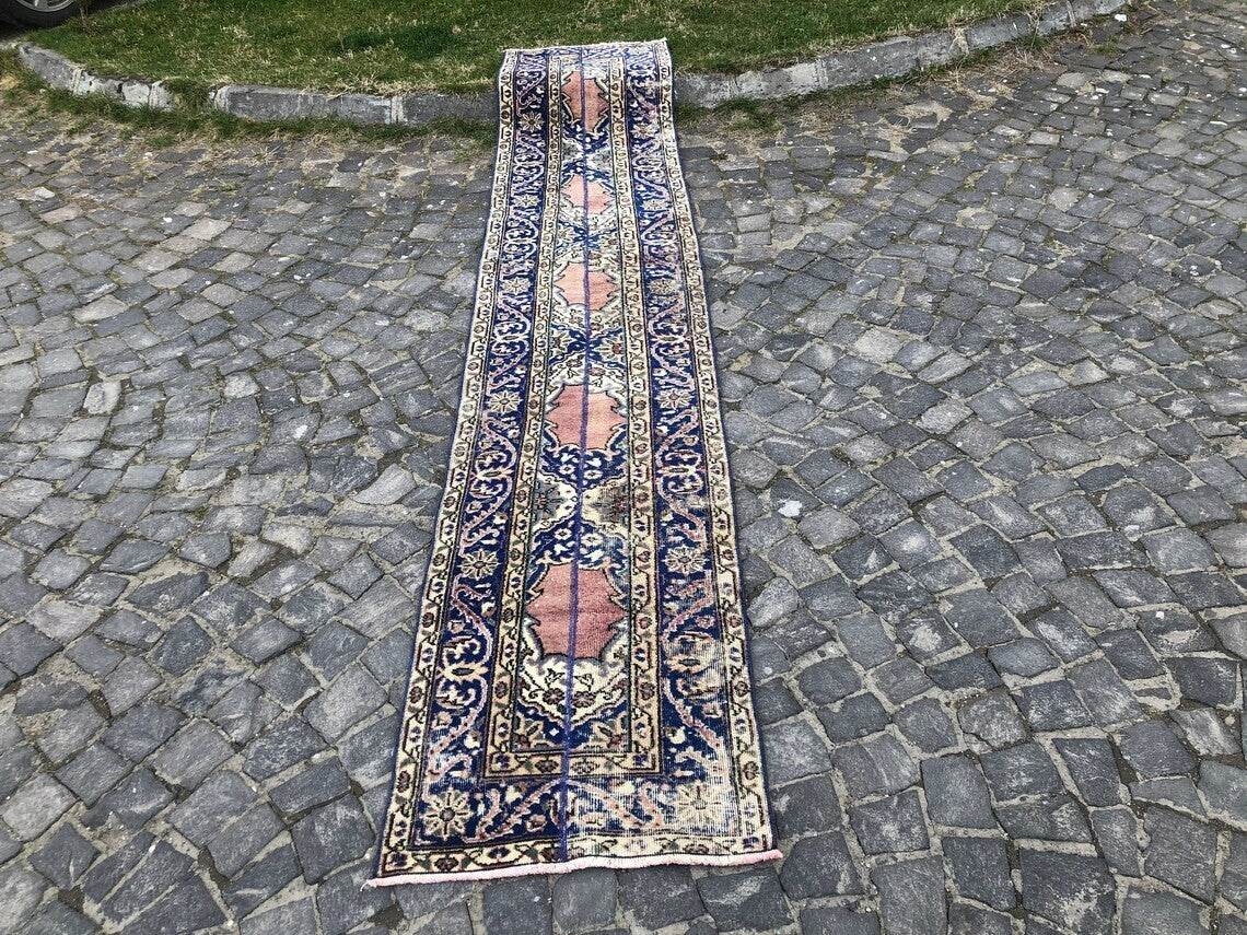 Vintage Turkish Oushak Rug | 3x11.7 ft| Antique Blue Wool Handmade Runner Carpet