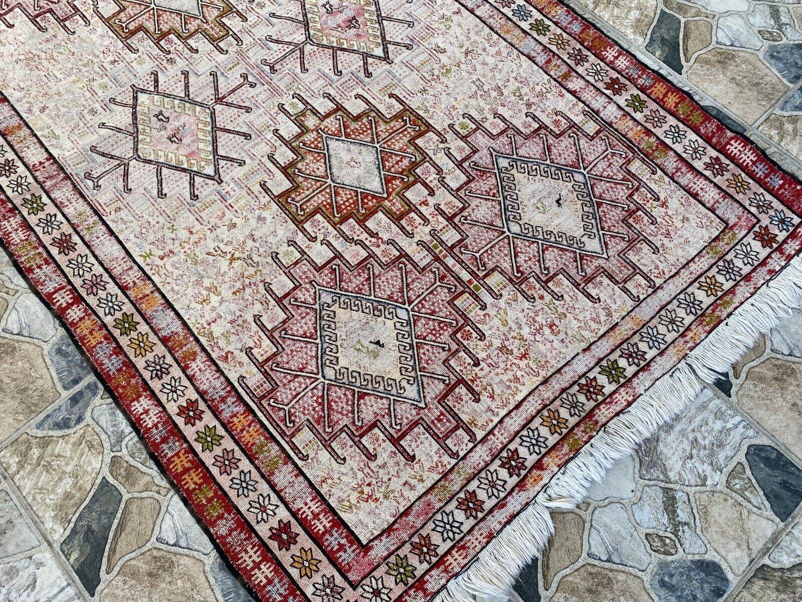 Vintage Persian Rug 3x6 ft, 1980s Wool Handmade Soumak Tribal Geometric Antique