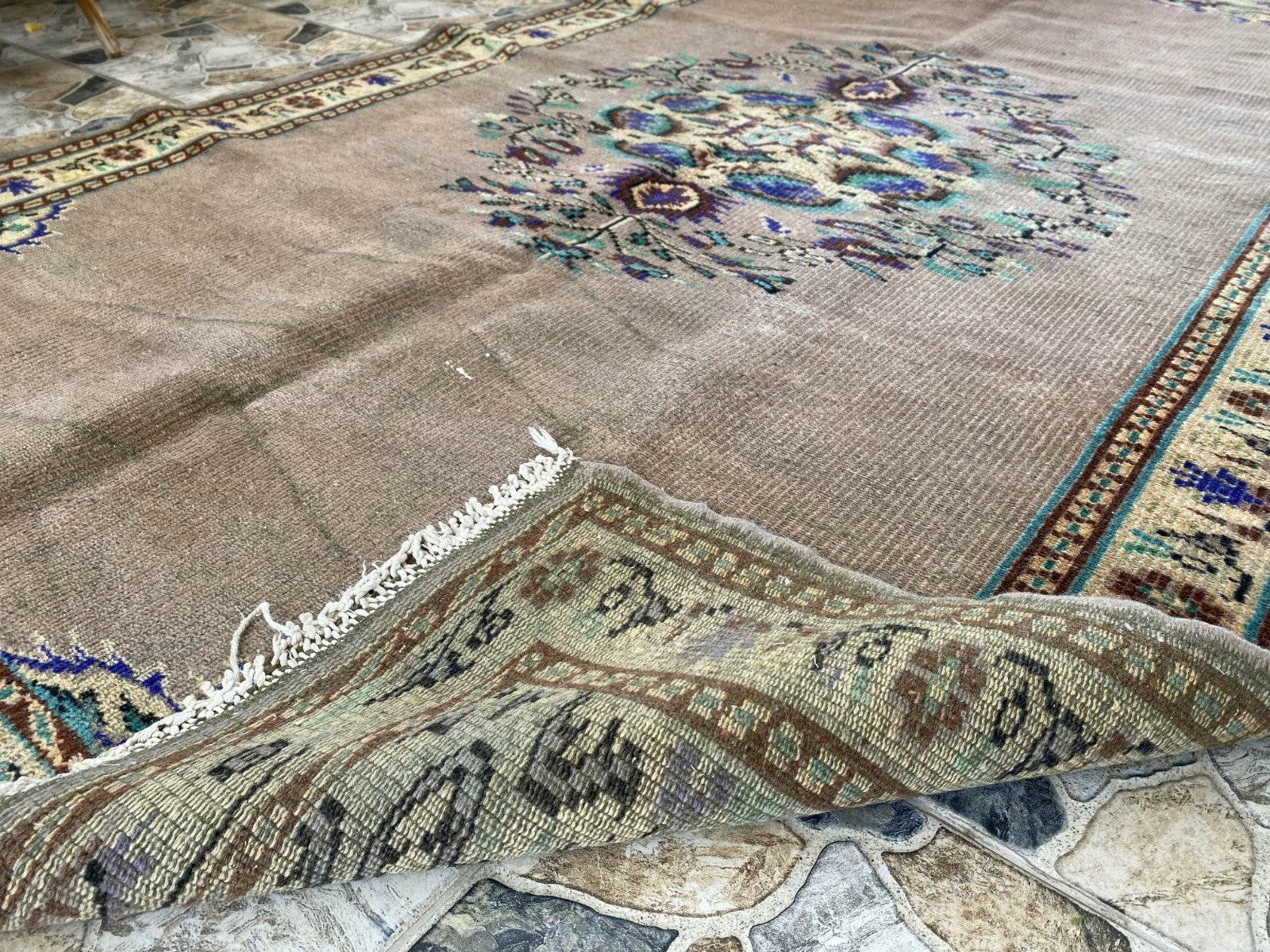 Vintage Turkish Rug | 5.4 x 8.7 ft Hand-Knotted Wool Faded Pastel Anatolian Rug
