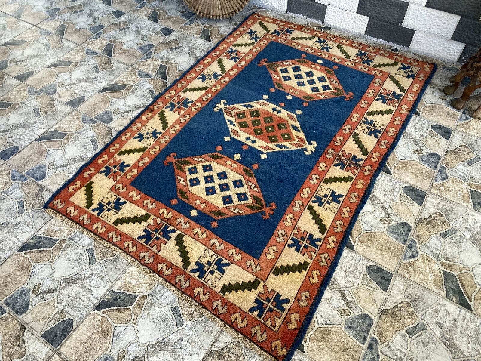 Vintage Turkish Kurdish Wool Rug | Hand-Knotted Tribal Blue Area Carpet 4x6ft