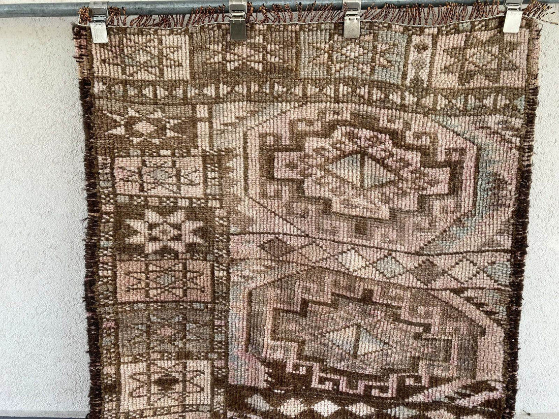 Vintage Kurdish Herki Rug | 1960s Brown Anatolian Hand-Knotted Wool Runner Rug