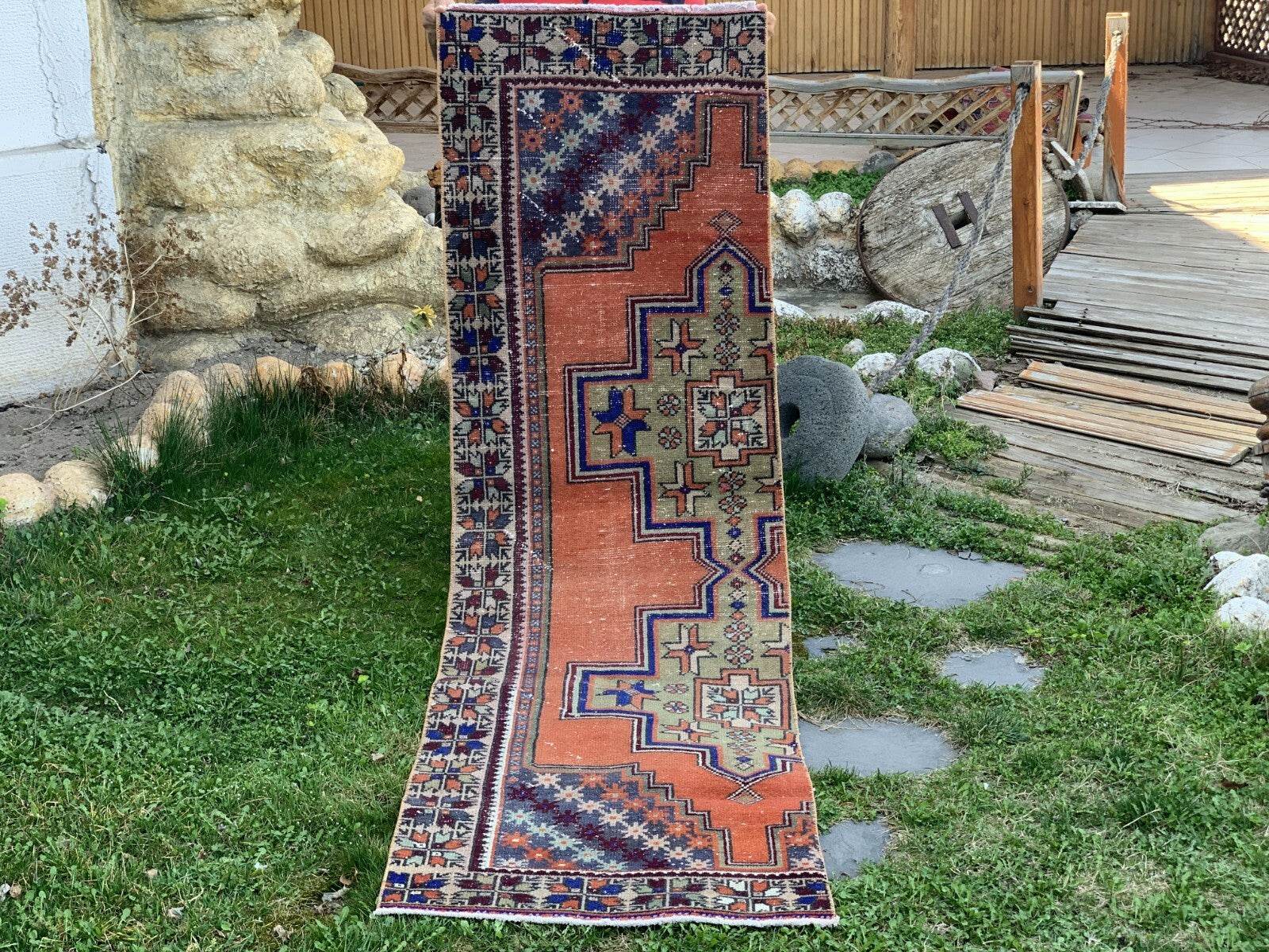 Turkish Vintage Oushak Rug, Wool Handmade Farmhouse Geometric Runner 2.5x8.2 ft