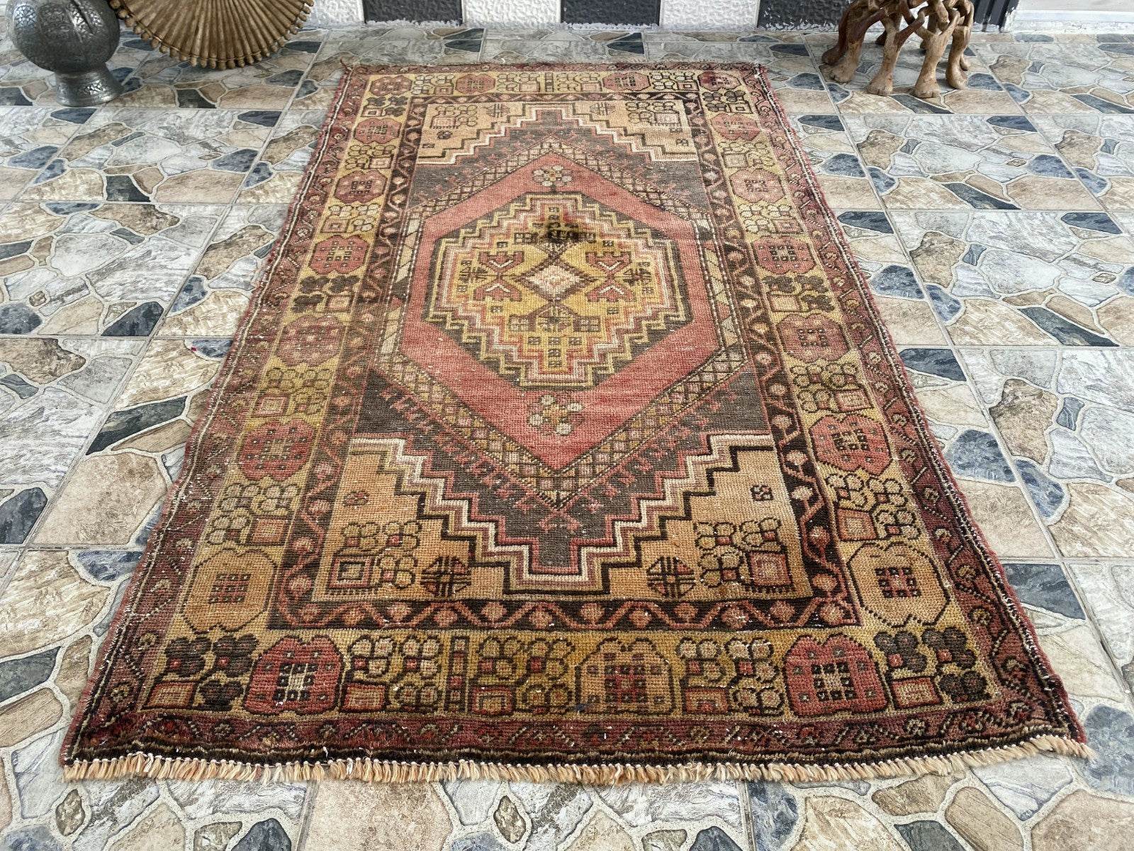 Handmade Turkish Vintage Rug | 1970s Tribal Wool Farmhouse Antique Area Carpet