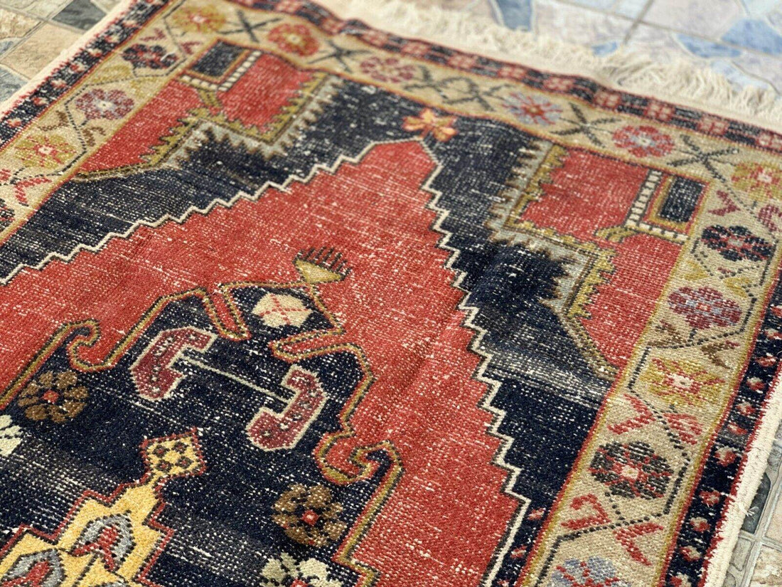 Vintage Oushak Geometric Rug, Handmade Turkish Anatolian Wool Carpet 4.2x8.6