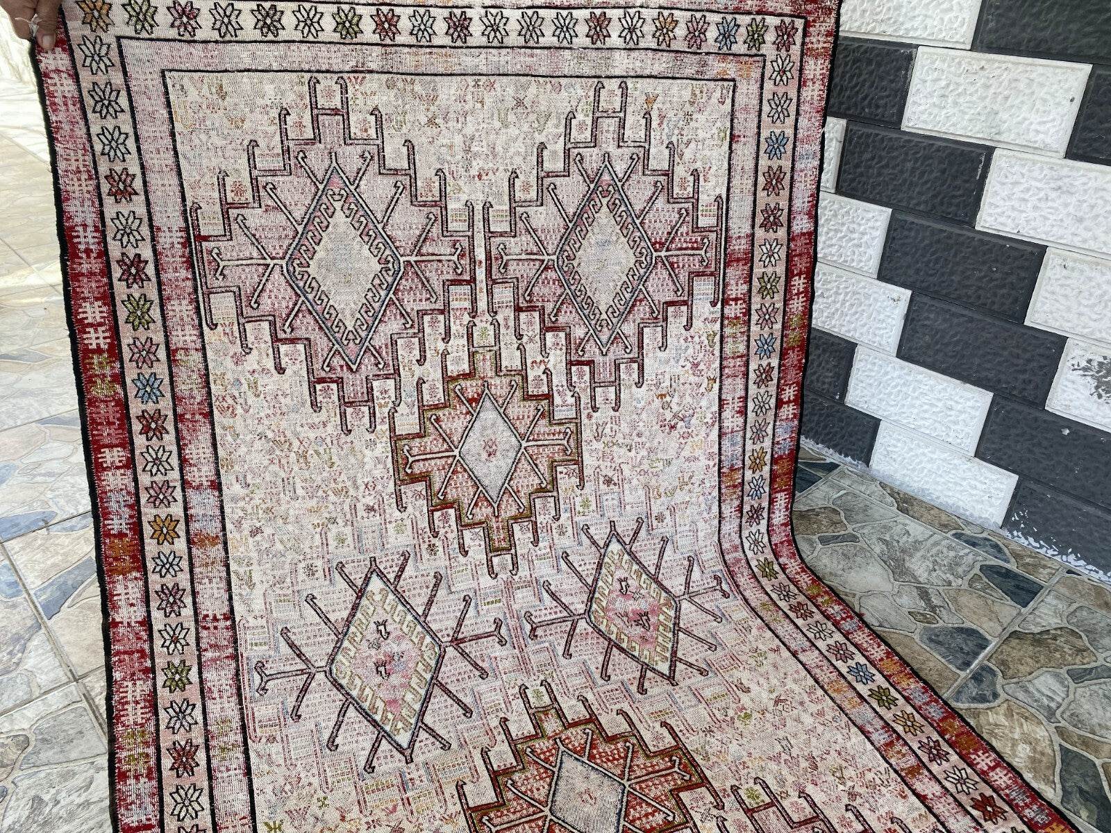 Vintage Persian Rug 3x6 ft, 1980s Wool Handmade Soumak Tribal Geometric Antique