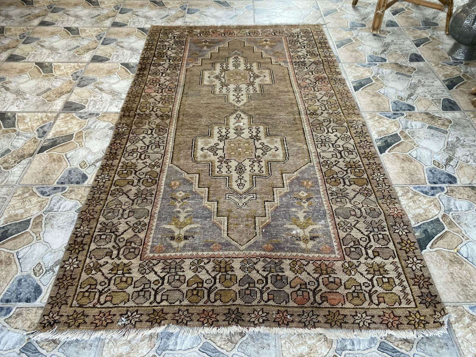Vintage Turkish Wool Rug Hand-Knotted Antique Geometric Oushak Tribal Area 3x6