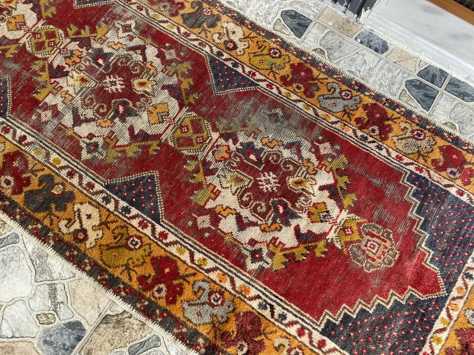 Vintage Turkish Wool Rug - Handmade Antique Red Oushak Kurdish Runner Rug 3x9 ft