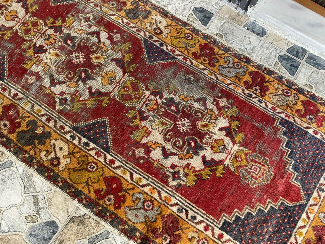 Vintage Turkish Wool Rug - Handmade Antique Red Oushak Kurdish Runner Rug 3x9 ft