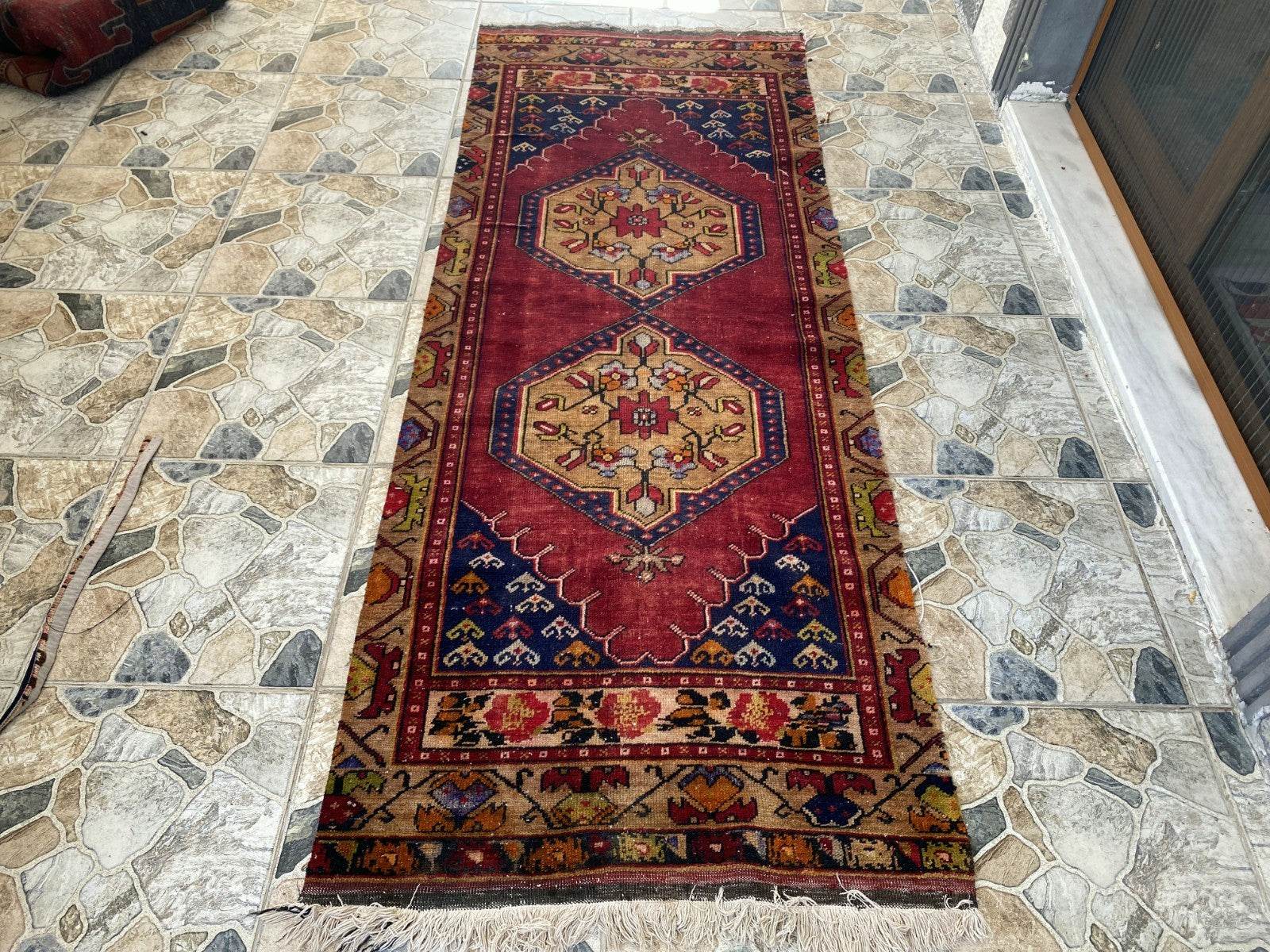 Vintage Anatolian Area Rug | 2.9x7.7 ft Handwoven Wool Antique Farmhouse Carpet