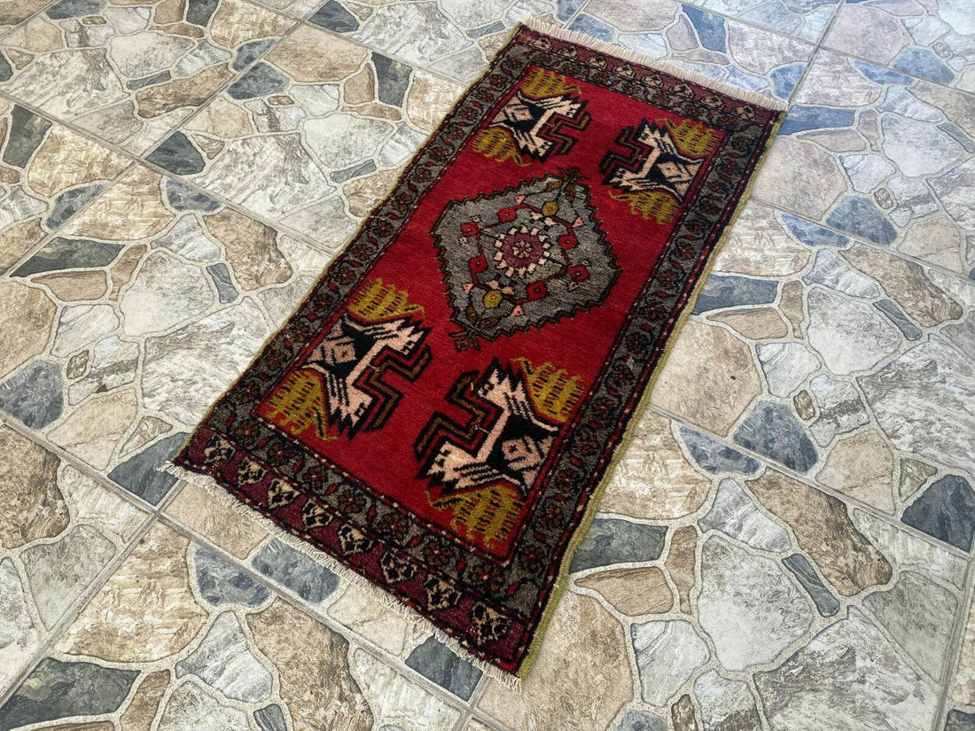 Vintage Rug | Antique Small Wool Farmhouse Anatolian Handmade Turkish 1.7x3.4ft