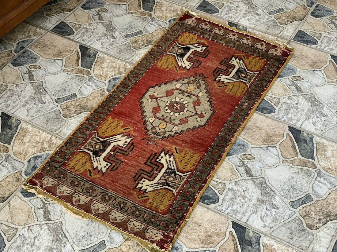 Turkish Vintage Small Oushak Rug, Wool Farmhouse Handmade Geometric Rug, 1.7x3.4