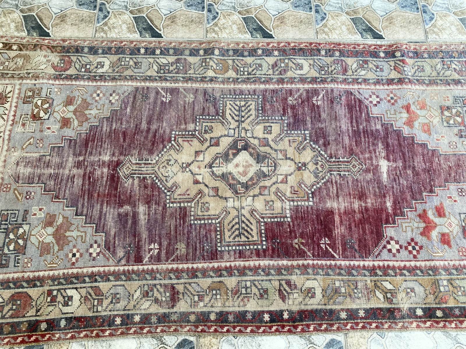 Turkish Vintage Rug Oushak Wool Geometric Handmade Antique Farmhouse 3.8x8 ft