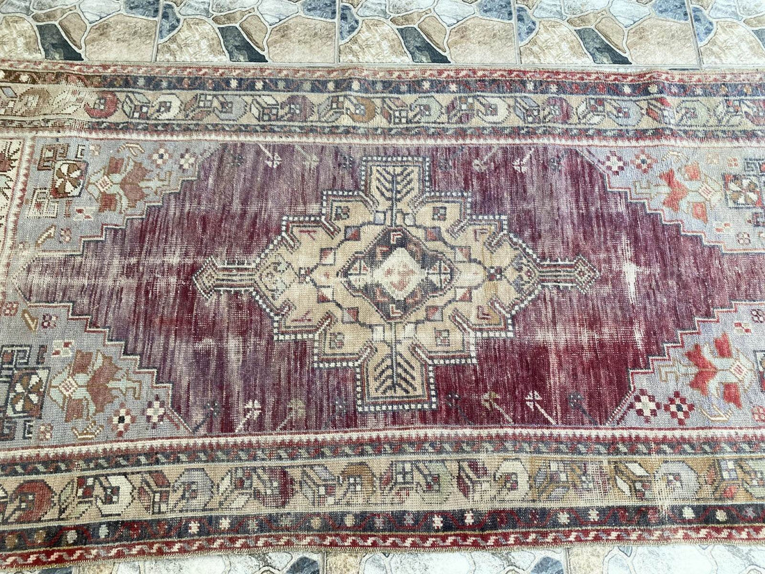 Turkish Vintage Rug Oushak Wool Geometric Handmade Antique Farmhouse 3.8x8 ft