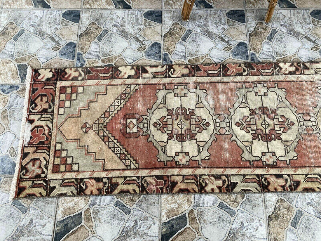 Vintage Rug | Wool Runner Antique Farmhouse Anatolian Handmade Turkish Rug 2x9ft