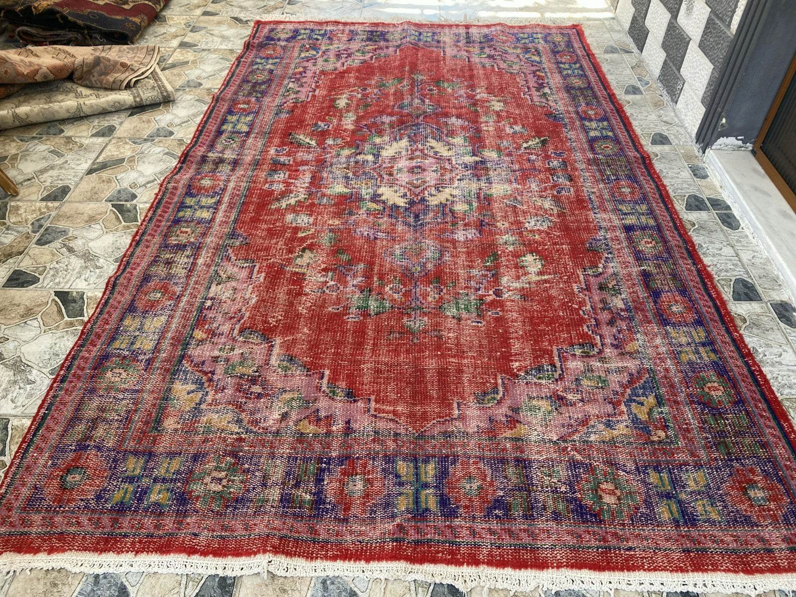 Vintage Hand-Knotted Wool Rug | 6.0 x 9.8 ft Anatolian Area Carpet Faded Tribal