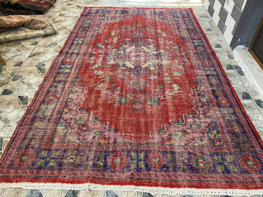 Vintage Hand-Knotted Wool Rug | 6.0 x 9.8 ft Anatolian Area Carpet Faded Tribal