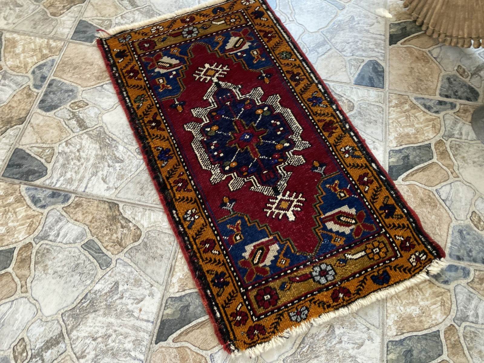 Small Anatolian Rug | 1.7 x 2.9 ft Vintage Hand-Knotted Wool Faded Geometric Rug