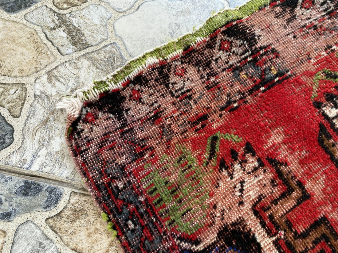 Vintage Turkish Small Rug | 1.6 x 3.3 ft Hand-Knotted Wool | Red Geometric Mat