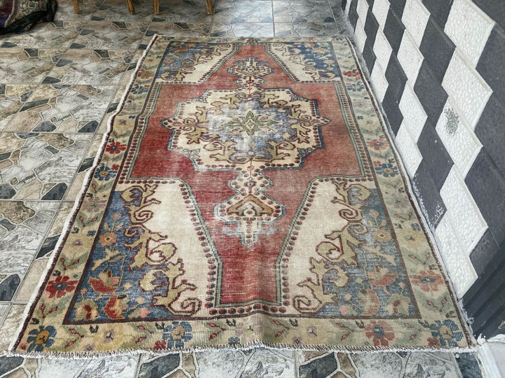 Vintage Geometric Turkish Rug Oushak Handmade Farmhouse Oriental Tribal 4x7 ft